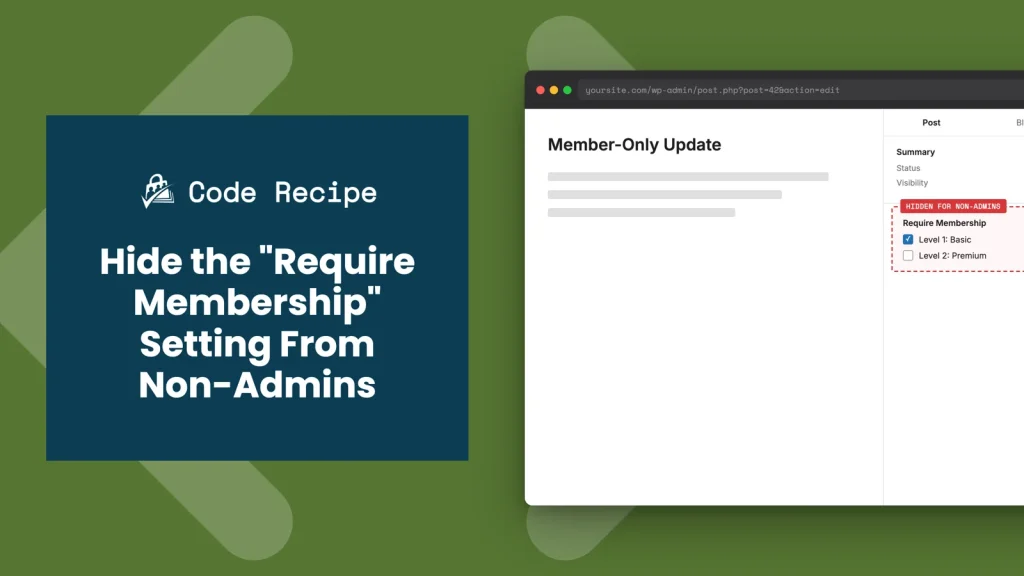 WordPress Block Editor sidebar showing the PMPro Require Membership panel marked hidden for non-admins