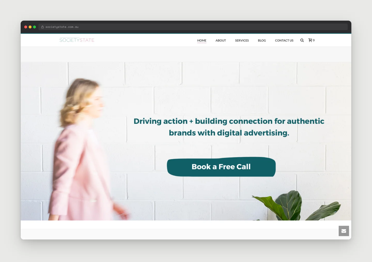 The Society State homepage with the tagline Driving action plus building connection for authentic brands with digital advertising.