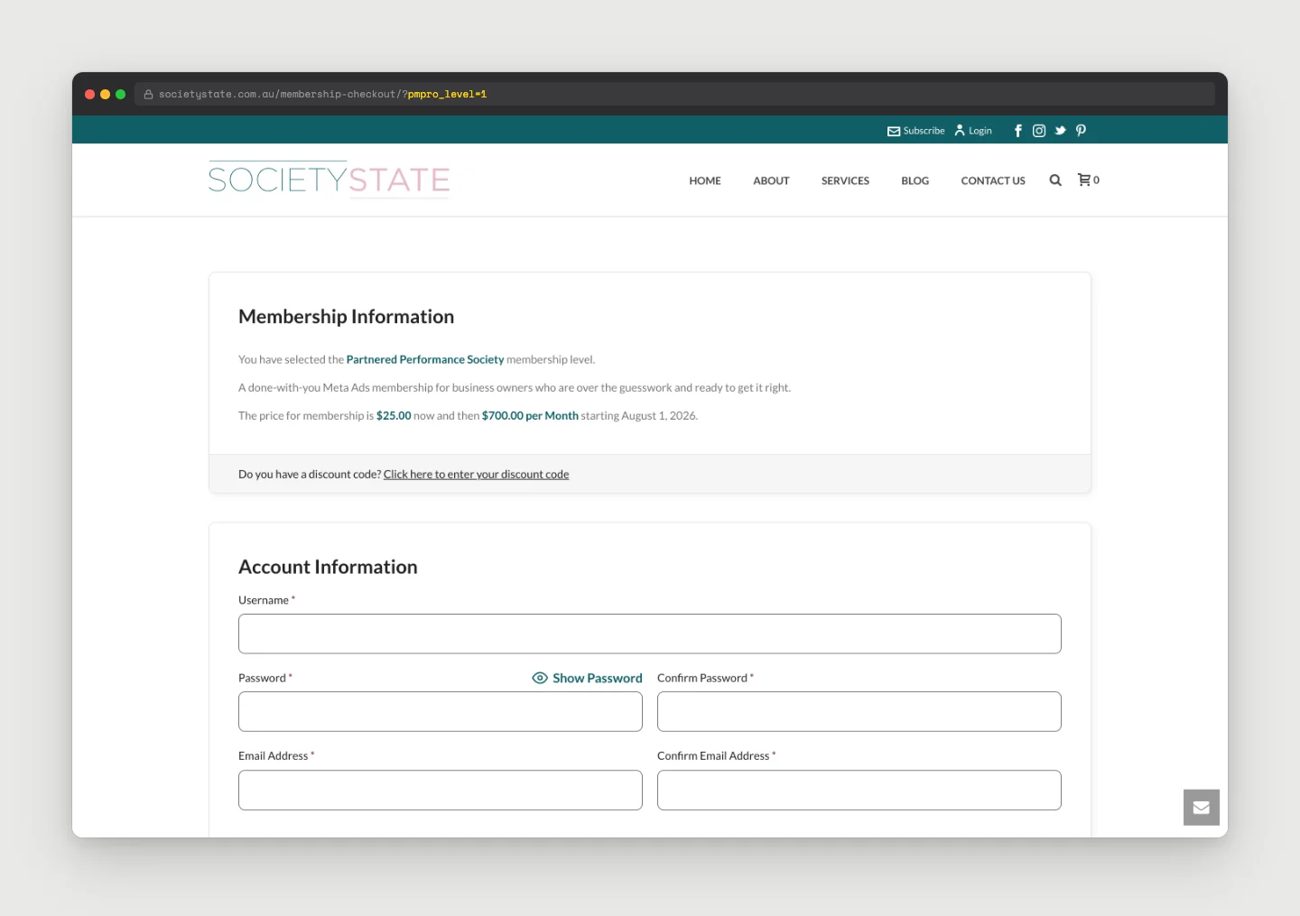 Paid Memberships Pro checkout for Partnered Performance Society, showing a $25 sign up fee followed by $700 per month recurring billing.