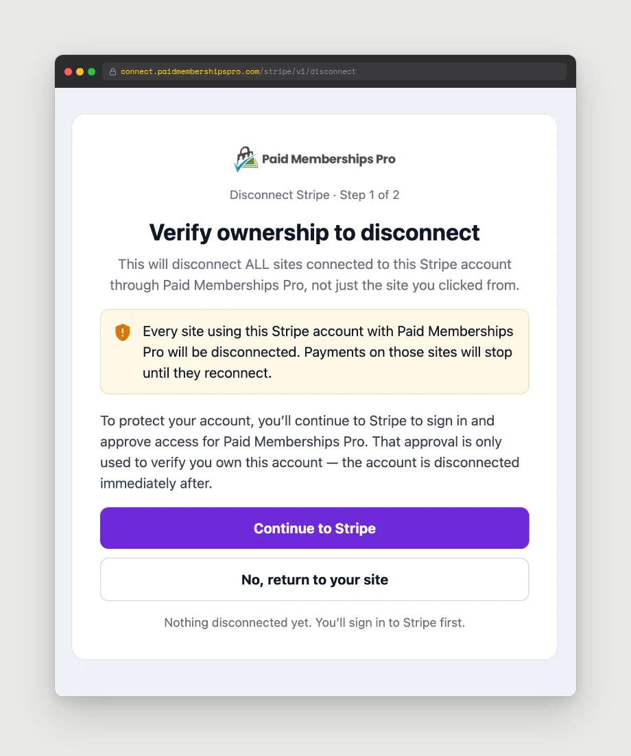 Paid Memberships Pro Stripe Connect disconnect interstitial page asking you to verify ownership before disconnecting