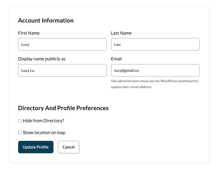 Screenshot of the Edit Profile screen for a member to choose directory and location options