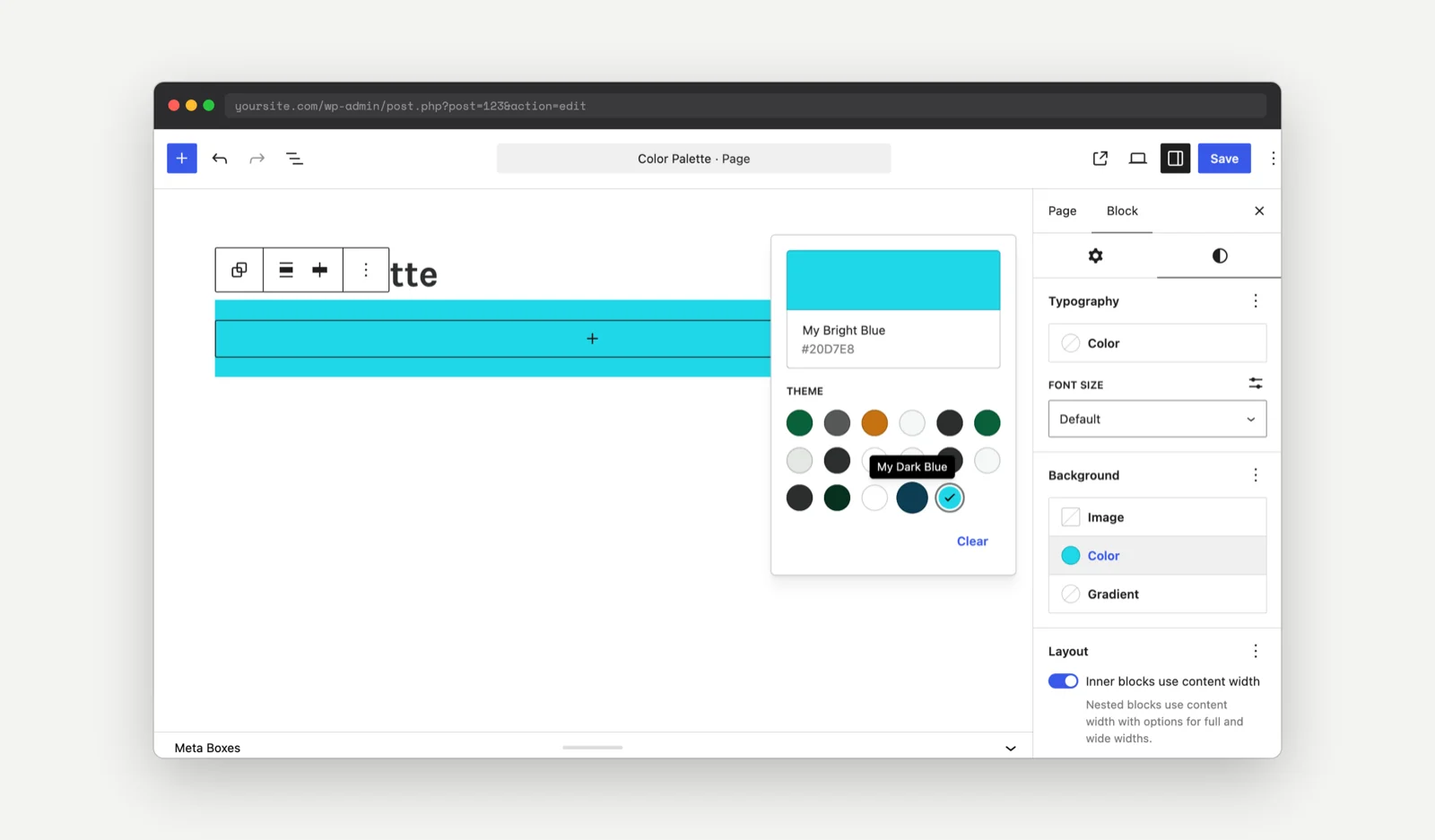 The block editor color picker showing My Dark Blue and My Bright Blue in the Theme section