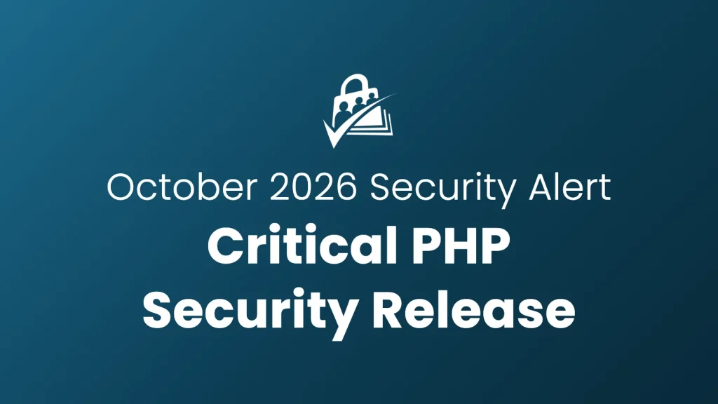 Banner image for the Critical PHP Security Release blog post: the PMPro icon and the words October 2026 Security Alert, Critical PHP Security Release on a navy gradient