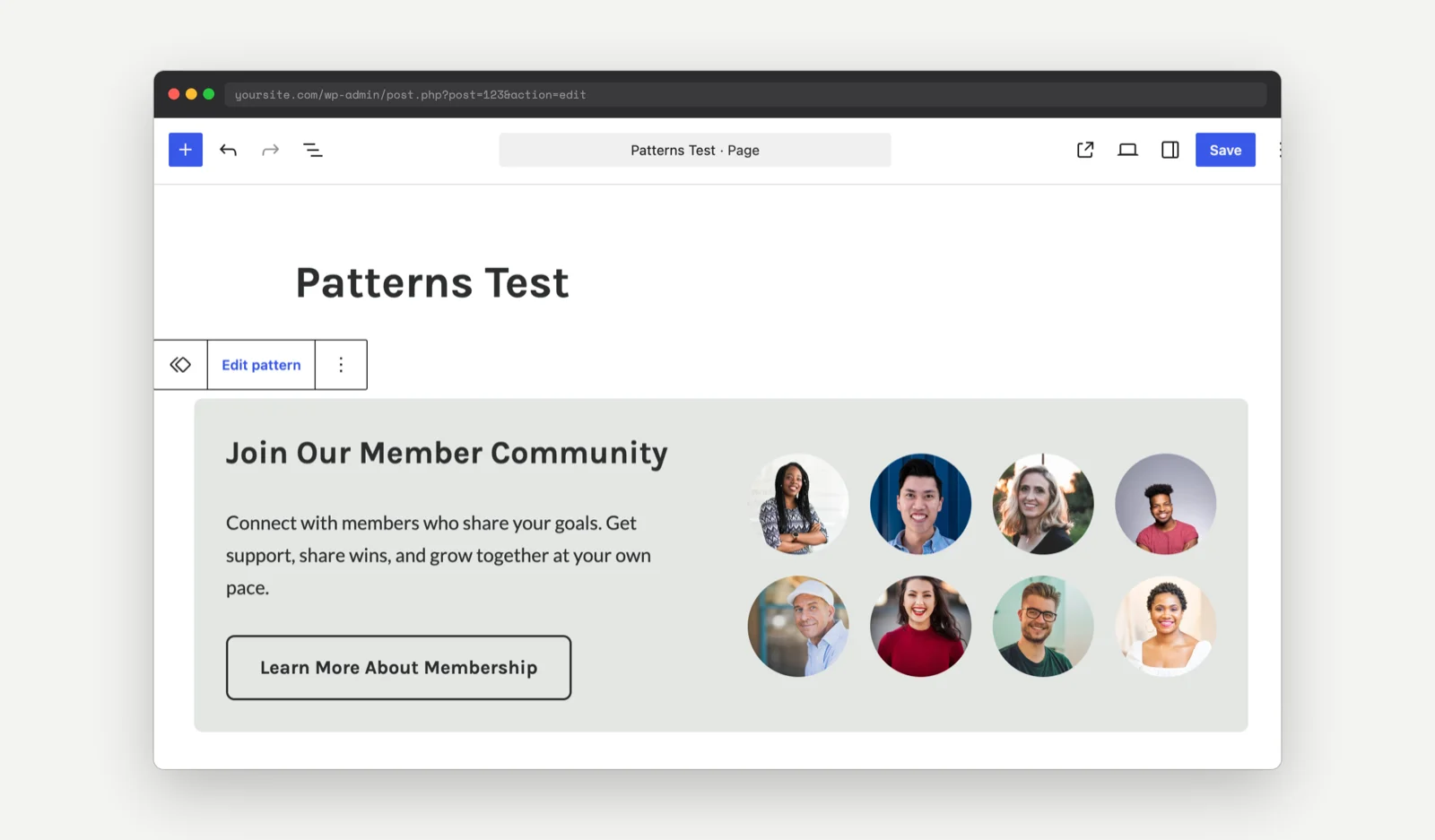The Edit pattern button in the block toolbar of a selected pattern