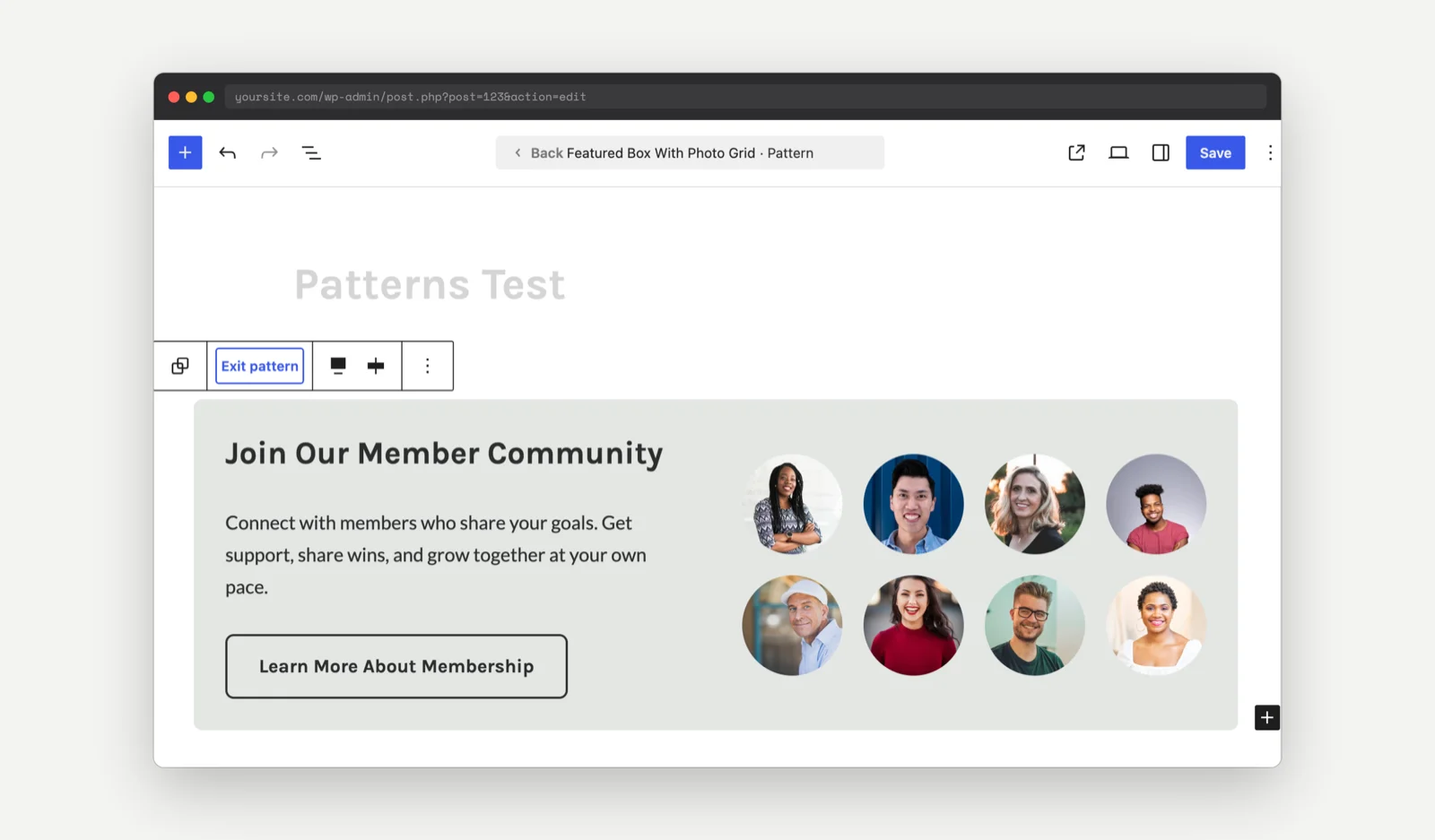 A pattern unlocked for editing, with the Exit pattern button in the block toolbar and the rest of the page dimmed