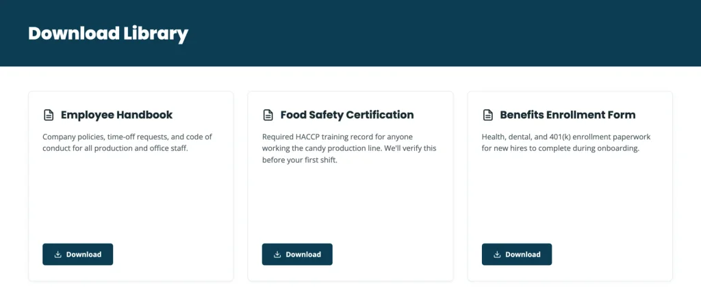 Mockup of a member Download Library page showing an Employee Handbook, Food Safety Certification, and Benefits Enrollment Form for a candy manufacturing company