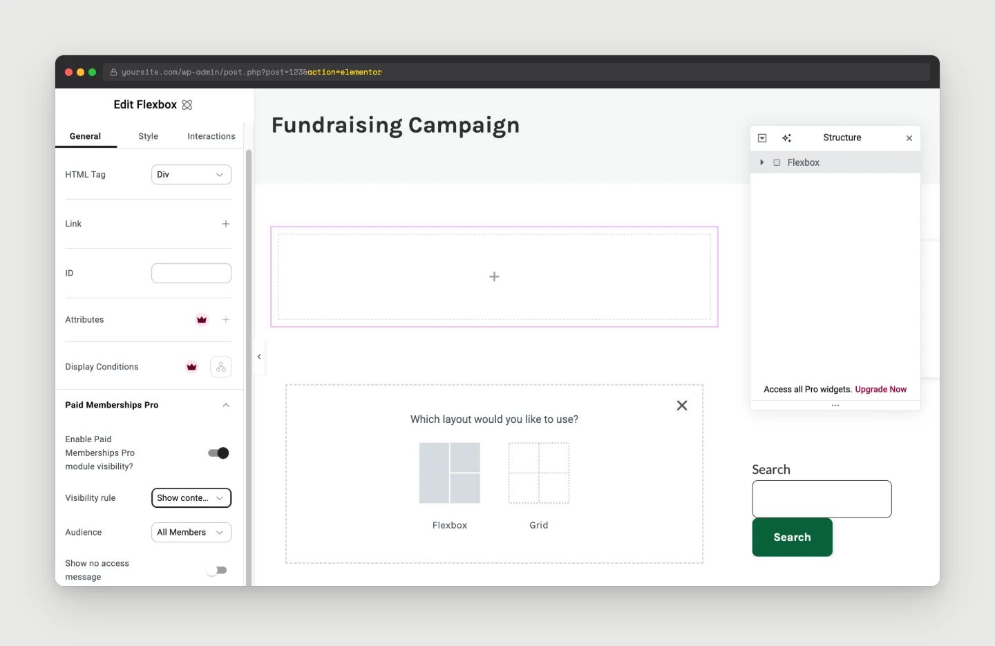 Elementor v4 editor with a Flexbox selected and the Paid Memberships Pro panel showing module visibility enabled, Visibility rule, Audience, and Show no access message