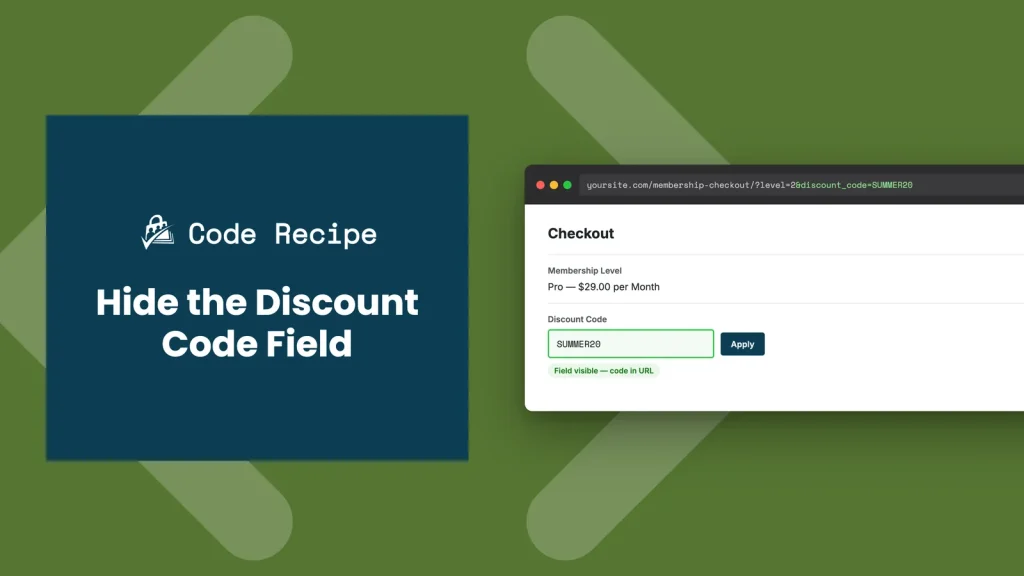 Fake checkout page mockup showing the discount code field revealed because discount_code=SUMMER20 is present in the URL bar
