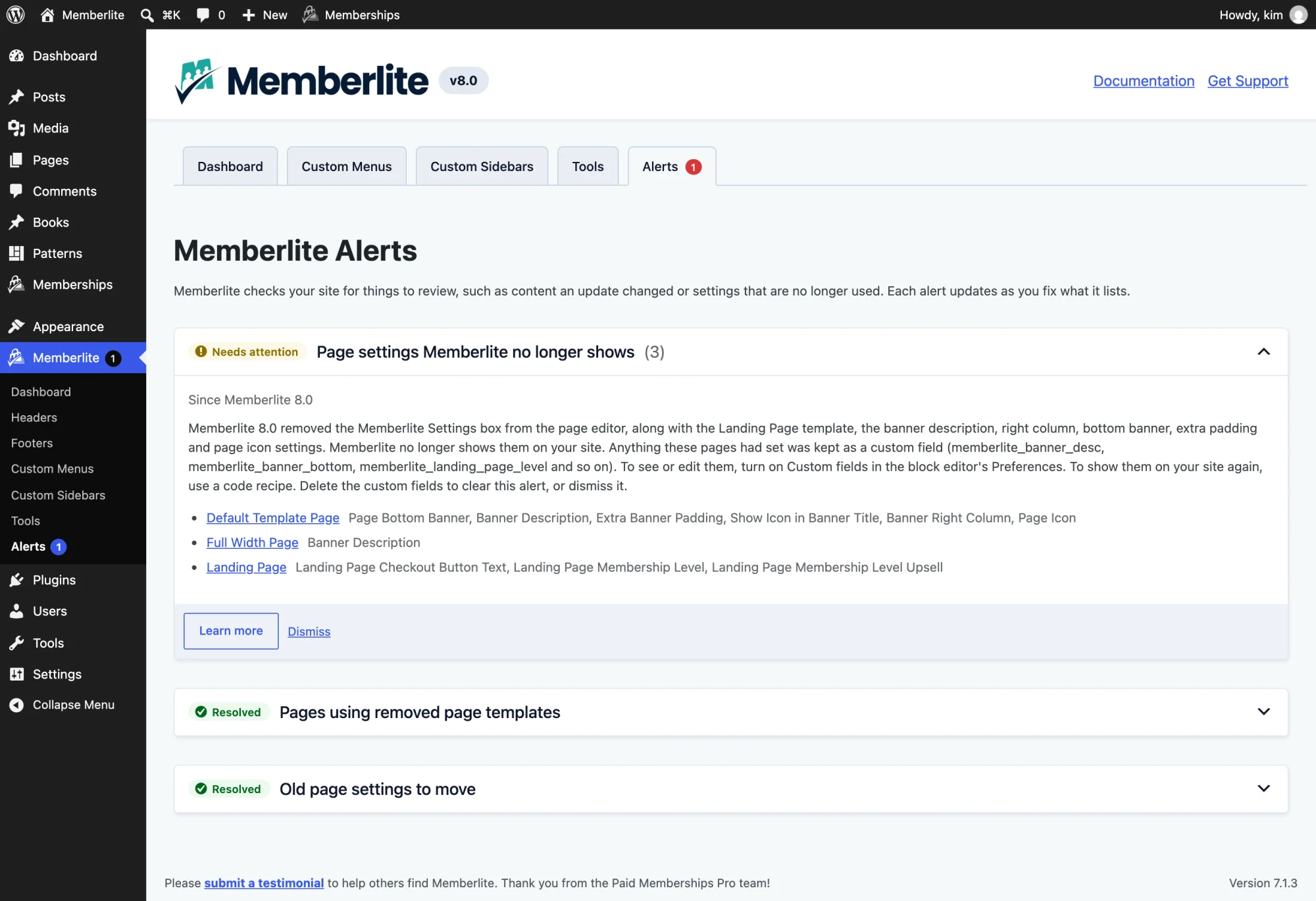 Memberlite Alerts page listing pages with page settings Memberlite no longer shows, with Learn more and Dismiss buttons