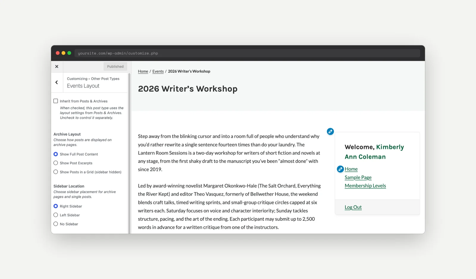 The Events Layout section with Inherit from Posts & Archives unchecked and the Archive Layout and Sidebar Location settings showing