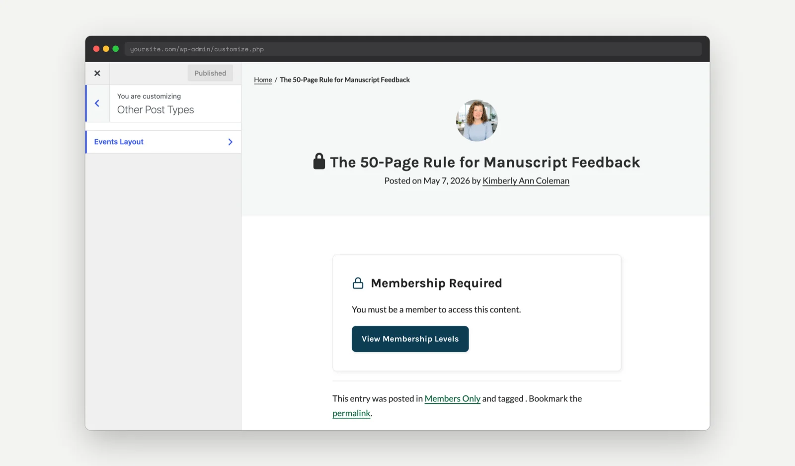 The Other Post Types panel showing an Events Layout section