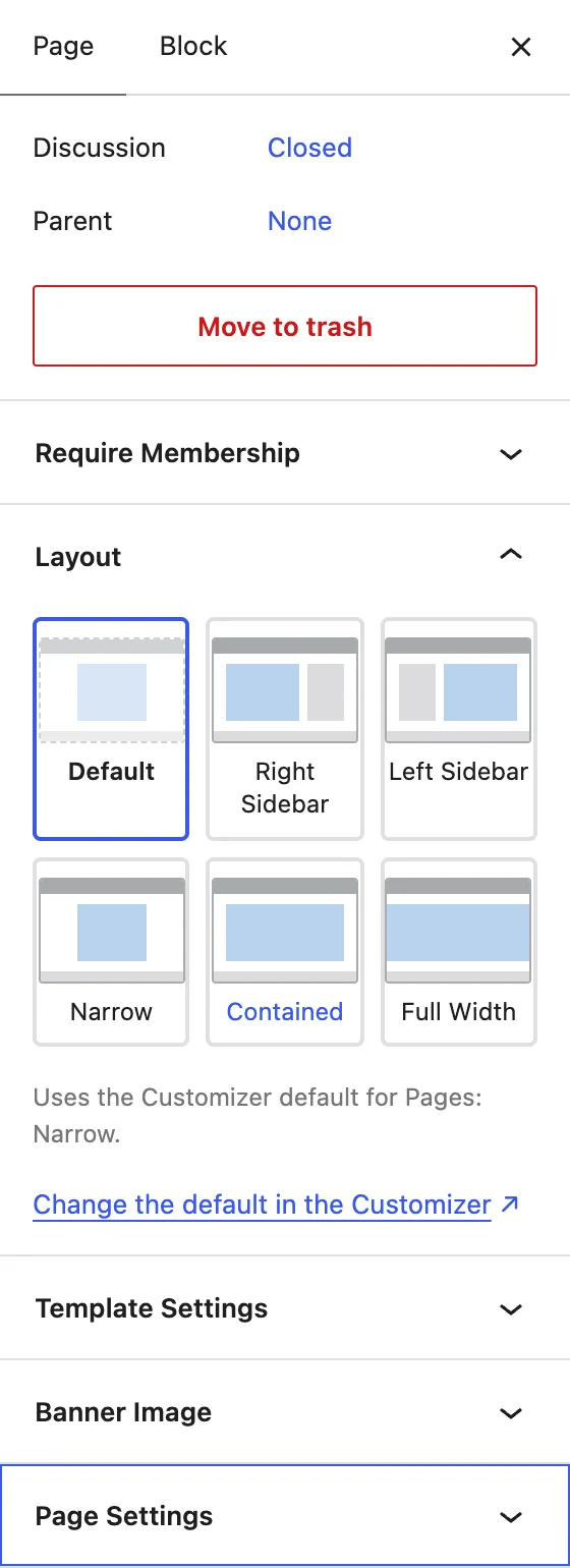 Block editor sidebar Layout panel on a page, with Default selected and a note showing the Customizer default