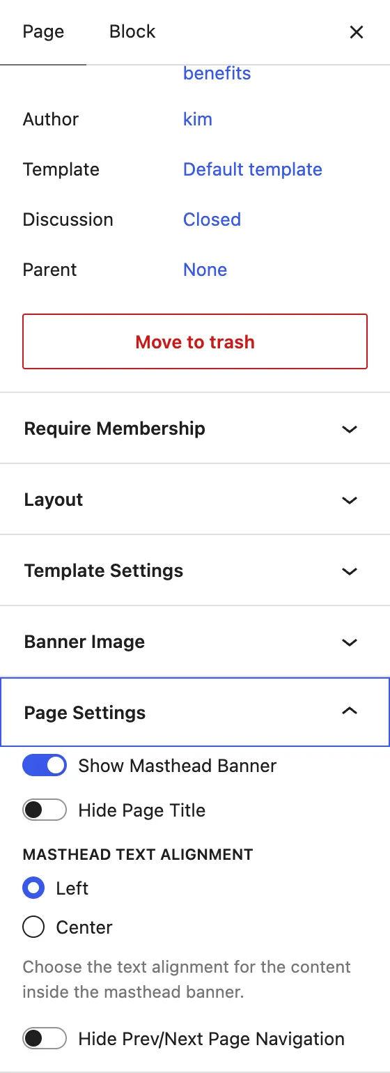 Page Settings panel with Show Masthead Banner, Hide Page Title, Masthead Text Alignment and Hide Prev/Next Page Navigation