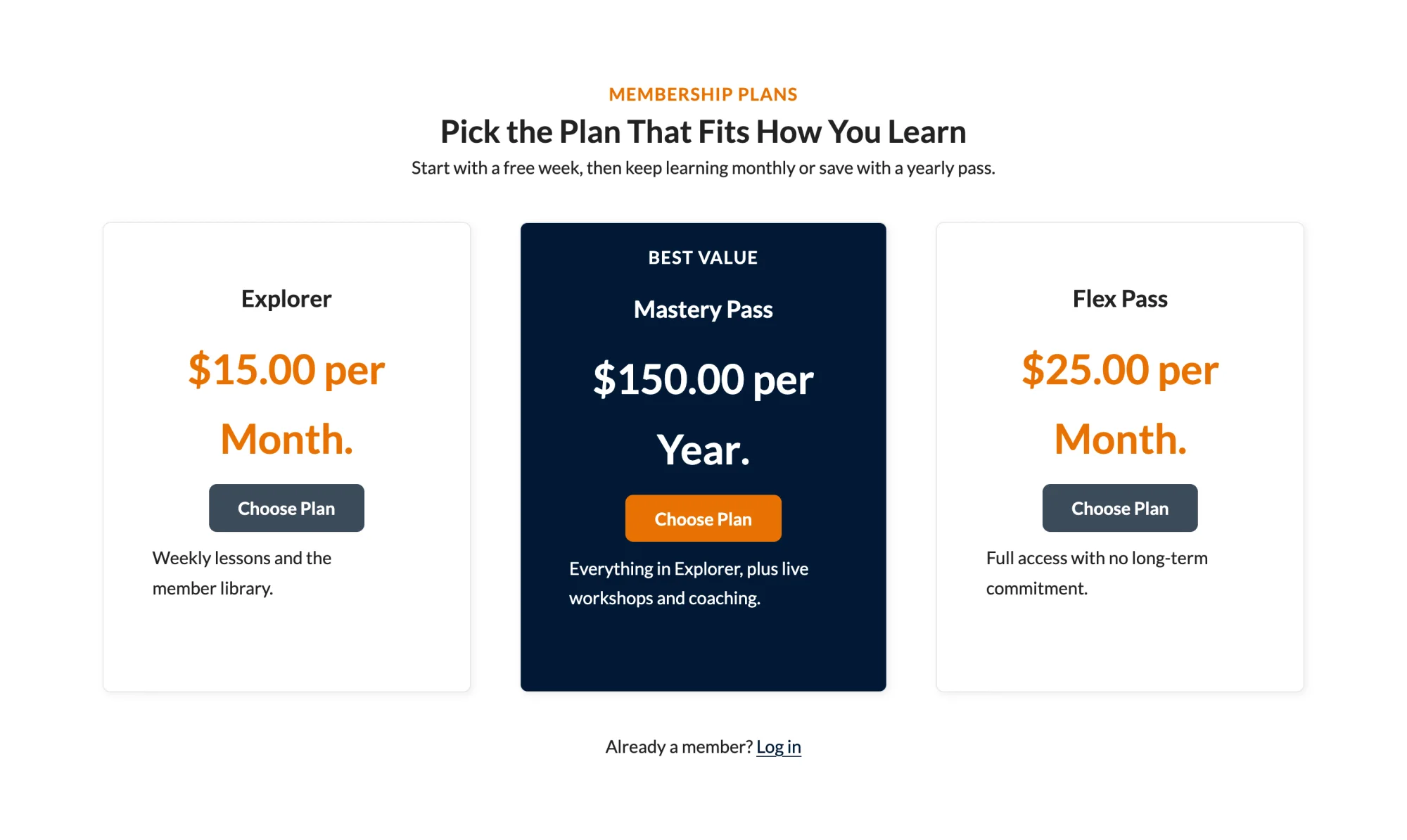Three-tier pricing pattern with a featured Best Value plan