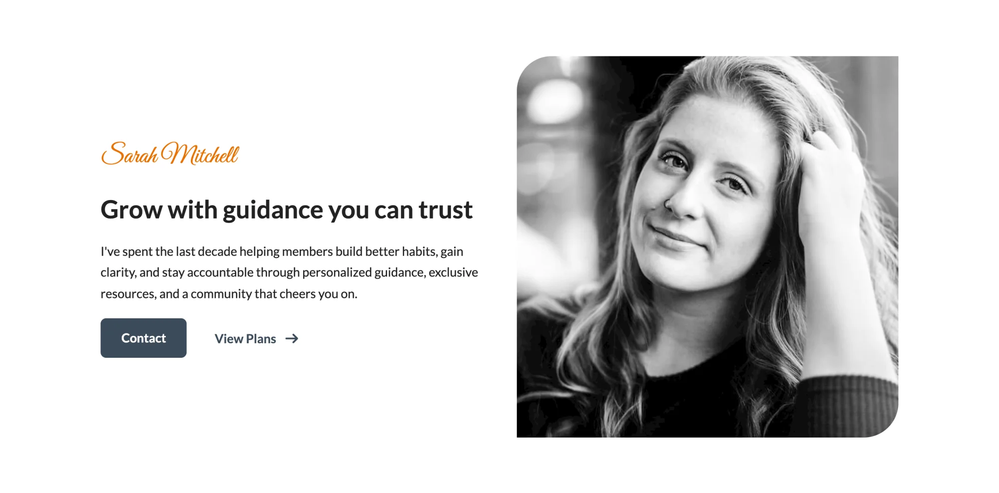 Signature intro hero pattern with a script name, headline, buttons and a portrait photo