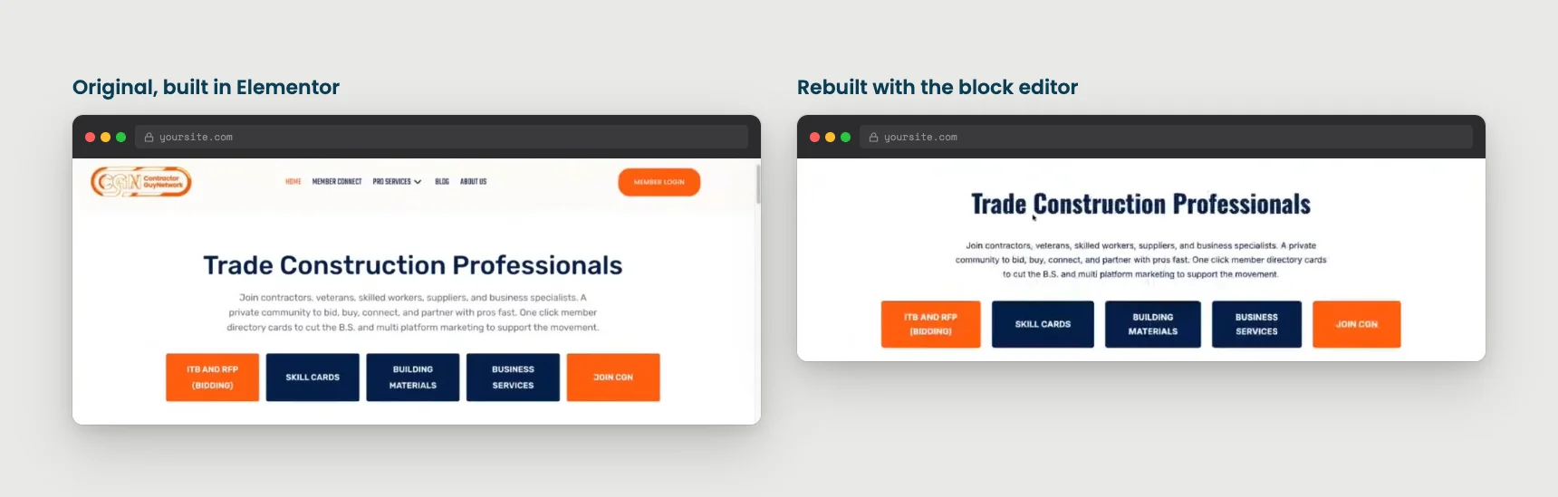 Side-by-side comparison of the original Elementor hero section and the block editor rebuild of the same section