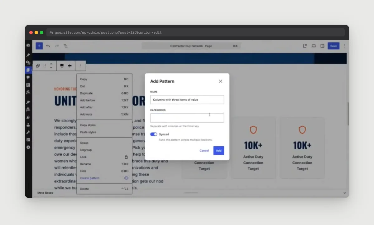 Add Pattern dialog with a pattern name filled in and the Synced toggle turned on