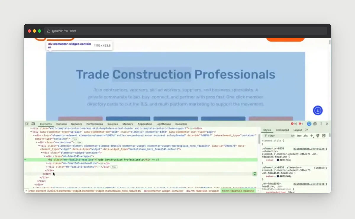 Chrome DevTools inspecting the hero heading of the original Elementor homepage, with a single h1 element highlighted in the page code