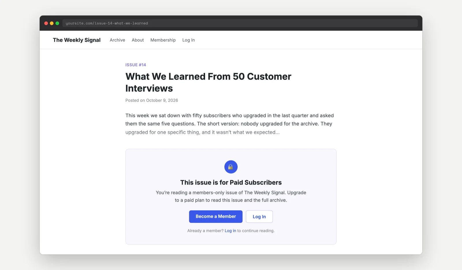 Front-end members-only paywall message prompting a non-member to become a paid subscriber