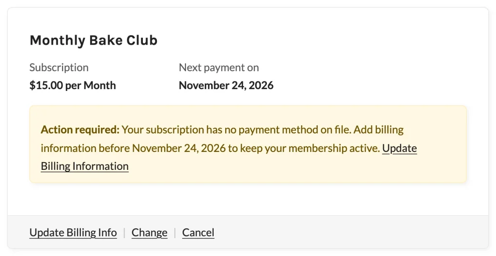 Membership Account card with an Action required notice to add a payment method