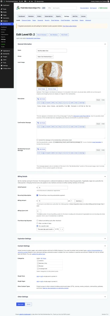 The full Edit Membership Level screen in Paid Memberships Pro 3.9