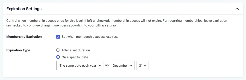 Edit Membership Level Expiration Settings with Expiration Type set to On a specific date, December 31 each year