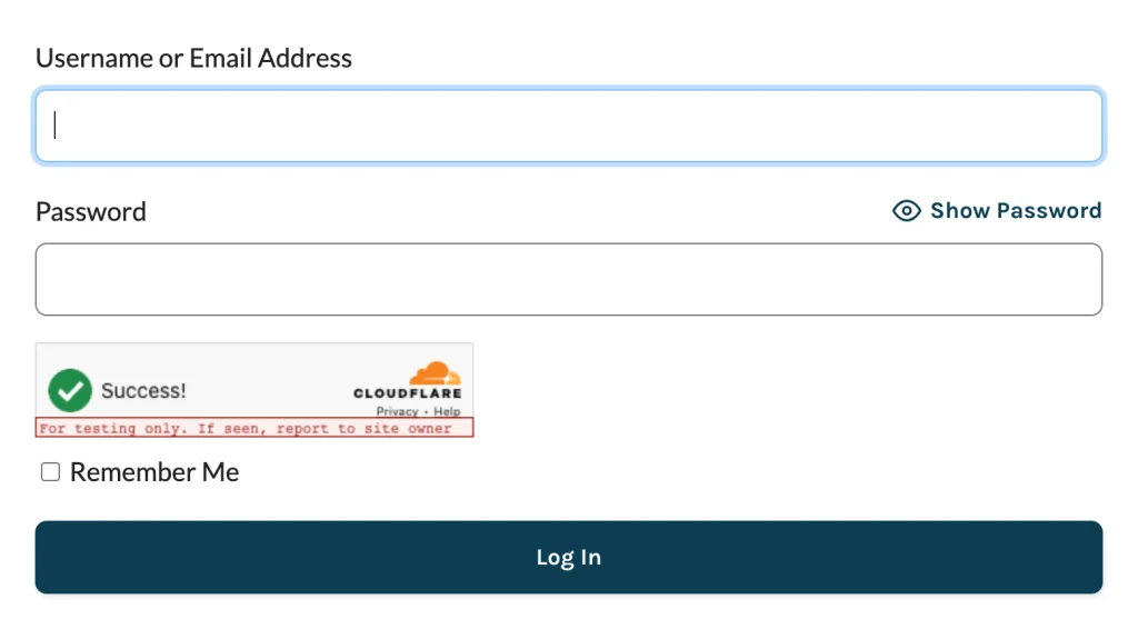Log In form showing a Cloudflare Turnstile captcha after a failed login