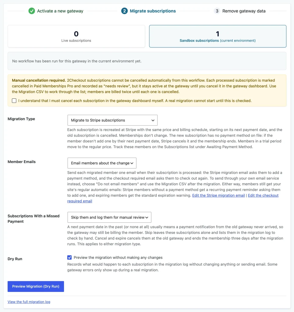 Migration tool Manual cancellation required notice for 2Checkout with the acknowledgement checkbox
