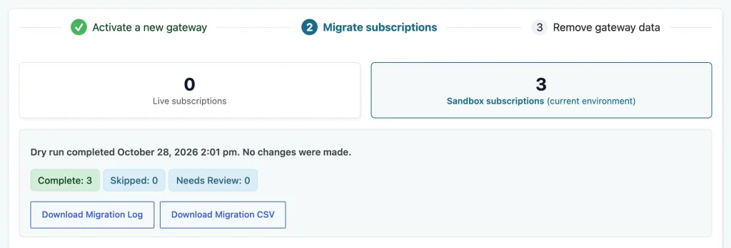 Migration tool showing Dry run completed, no changes were made, with Complete 3