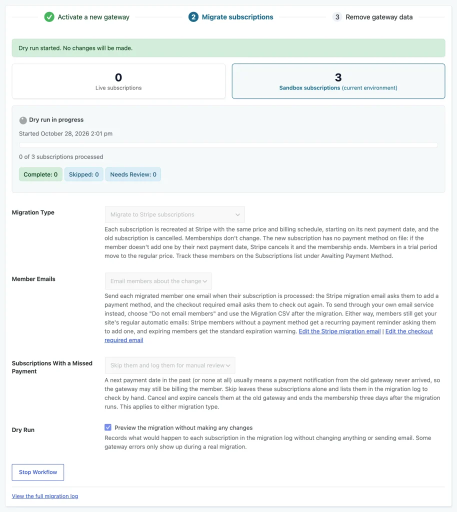 Migration tool showing Dry run in progress, 0 of 3 subscriptions processed