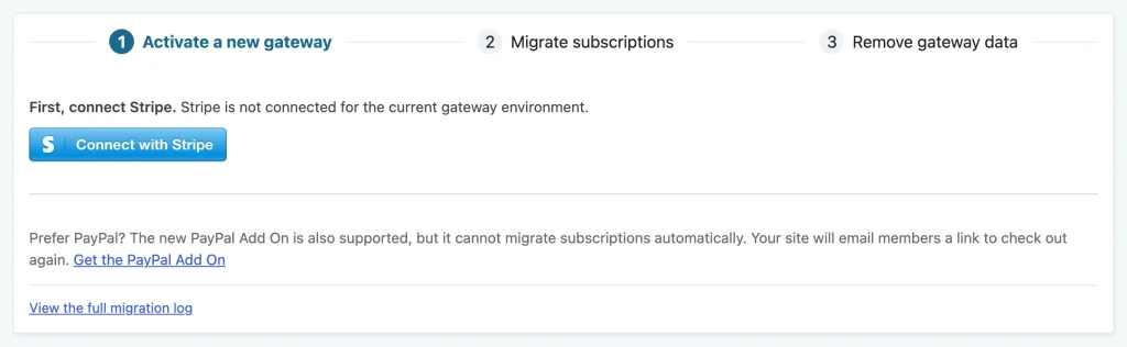 Migration tool step 1 with the First, connect Stripe message and Connect with Stripe button