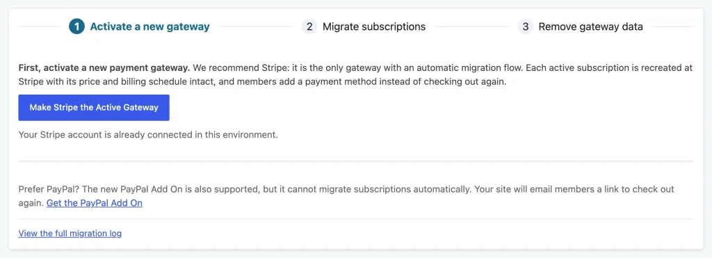 Migration tool step 1 with the Make Stripe the Active Gateway button