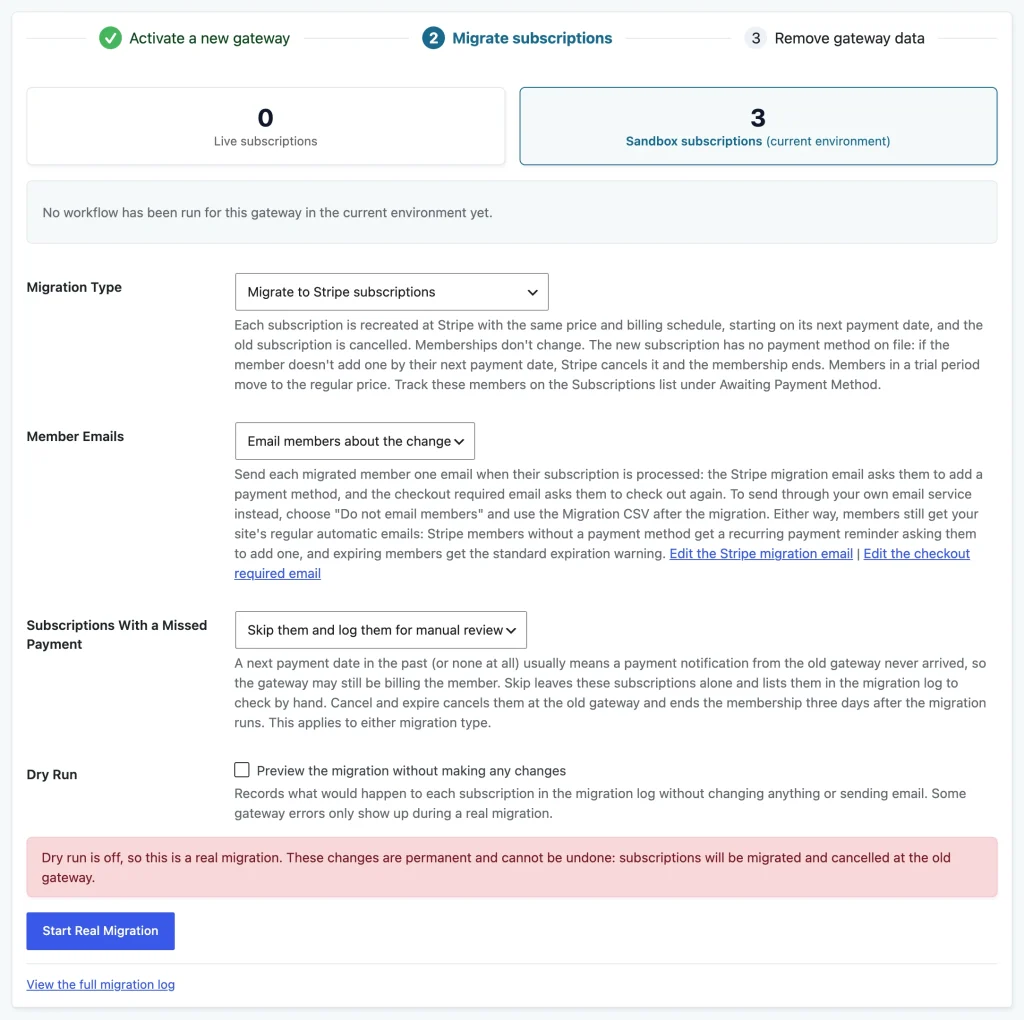 Migration tool step 2 with Dry Run cleared, a warning, and the Start Real Migration button
