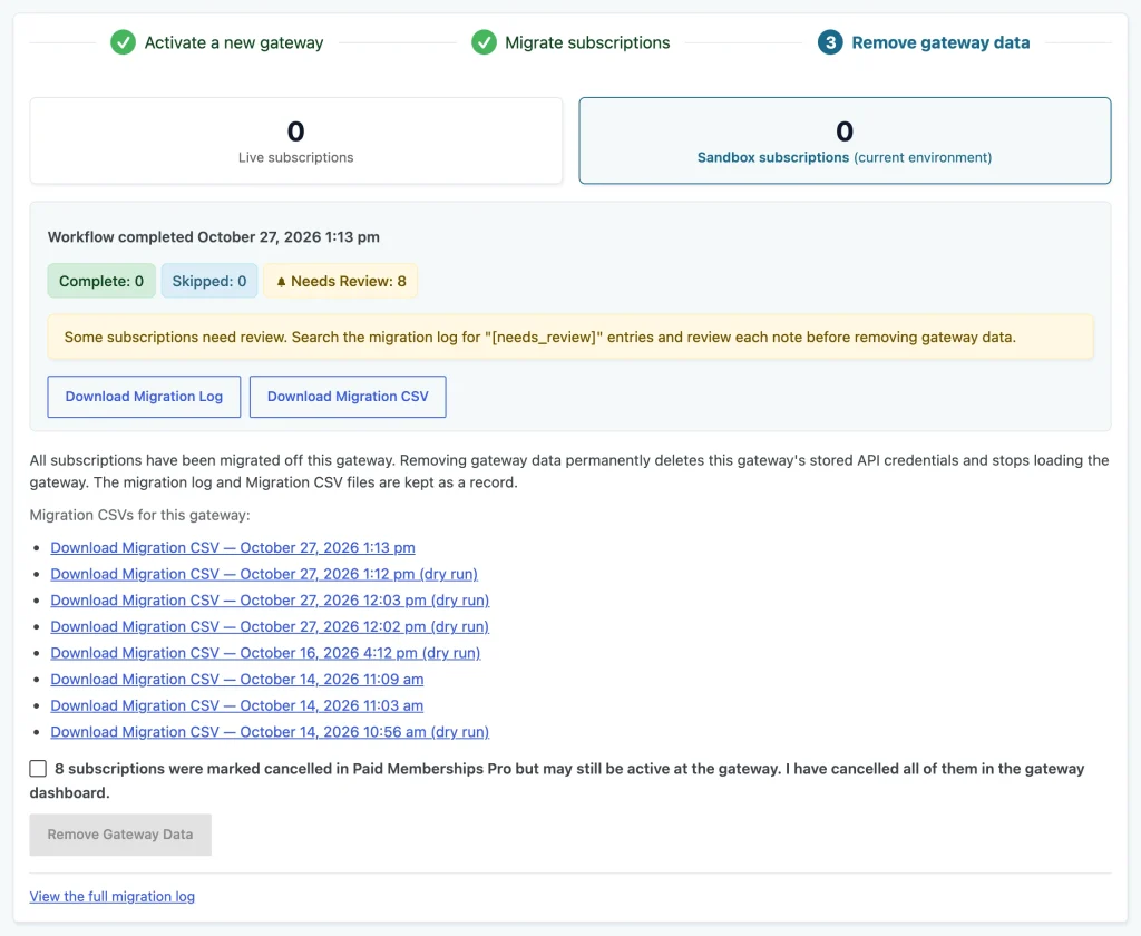 Migration tool step 3 with migration CSVs and the Remove Gateway Data button
