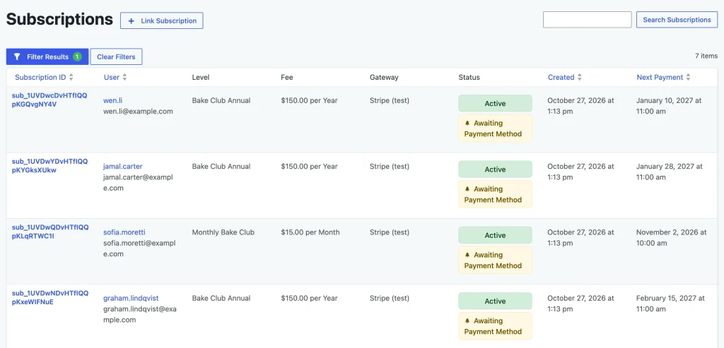 Subscriptions list filtered to Awaiting Payment Method with the status tag on each row