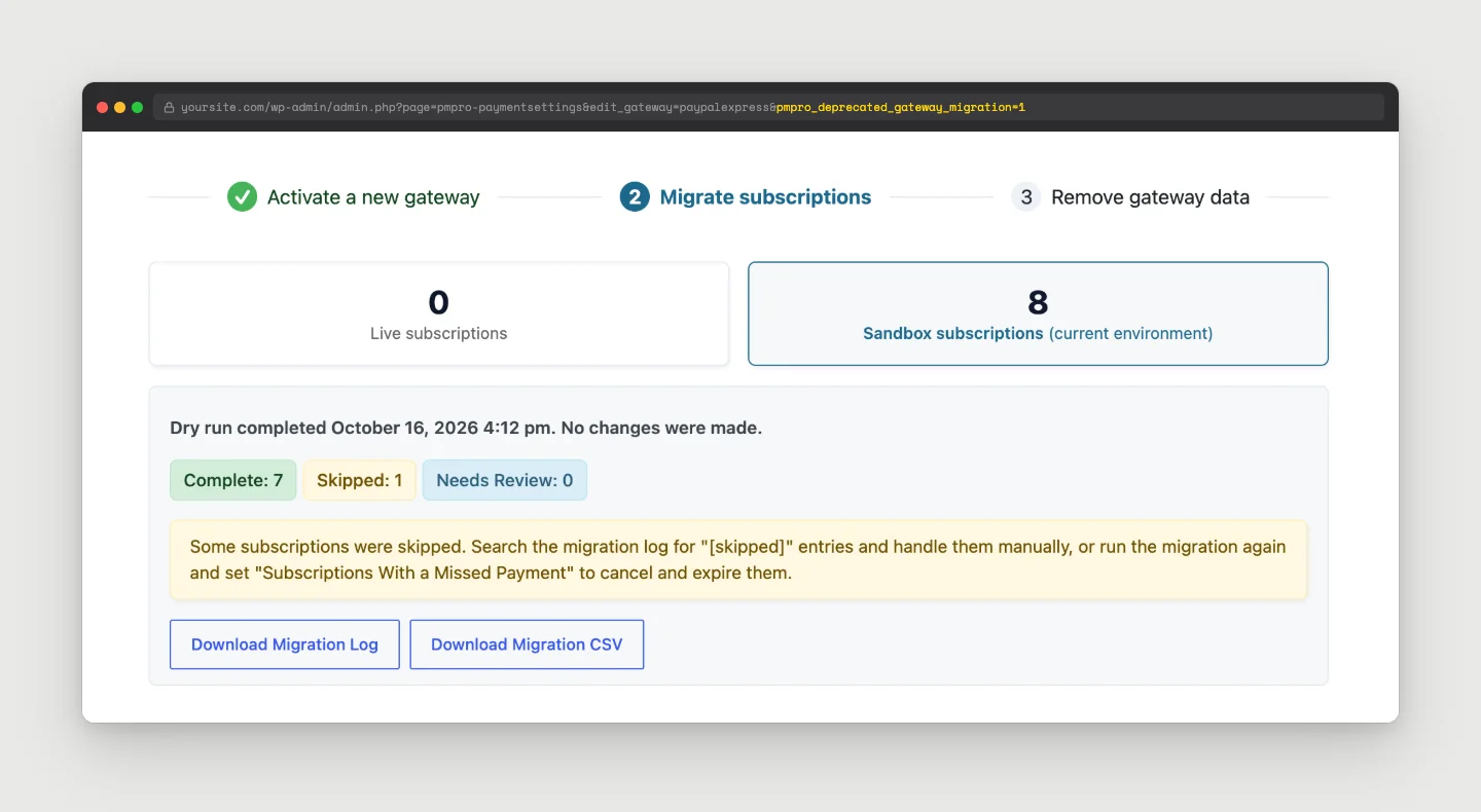 Gateway migration tool on step 2 showing a completed dry run with 7 complete, 1 skipped, and buttons to download the Migration Log and Migration CSV