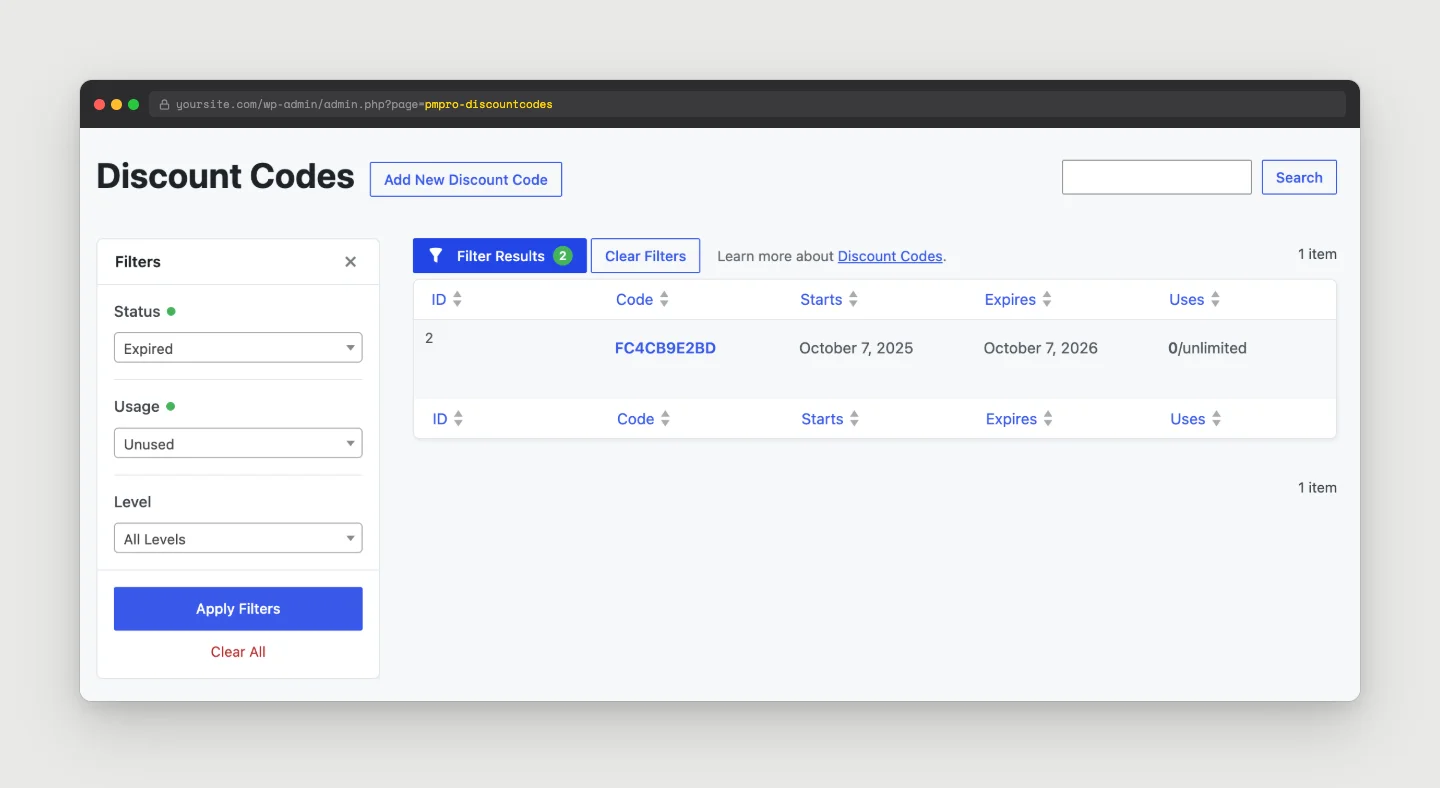 Discount Codes list with the Filters panel open, filtered to Expired status and Unused codes