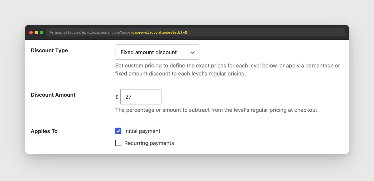 Edit Discount Code with Discount Type set to Fixed amount discount, a Discount Amount of $27, and Applies To set to Initial payment