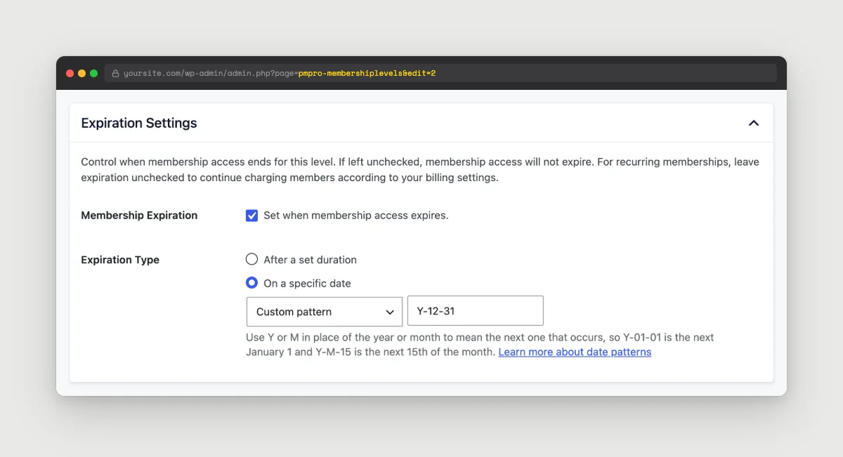 Edit Level Expiration Settings with Expiration Type set to On a specific date and the custom pattern Y-12-31 entered