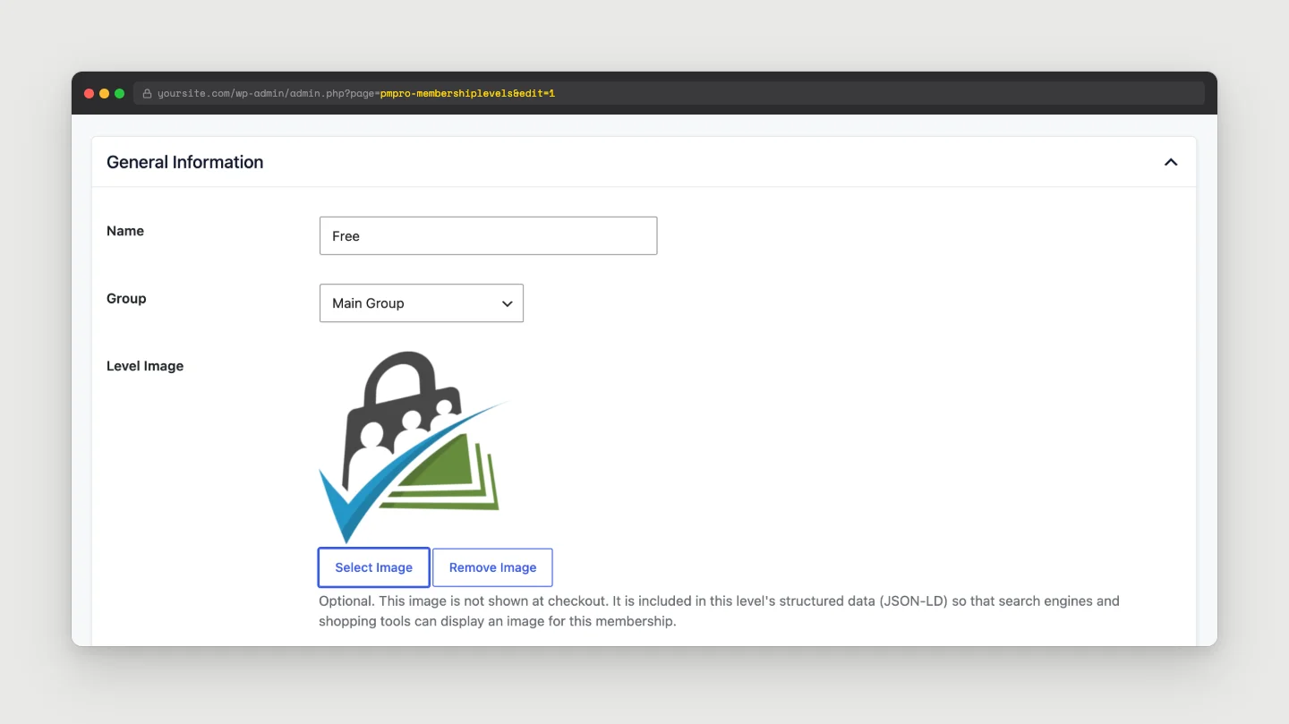 Edit Level General Information section with the new Level Image field, an uploaded image, and Select Image and Remove Image buttons