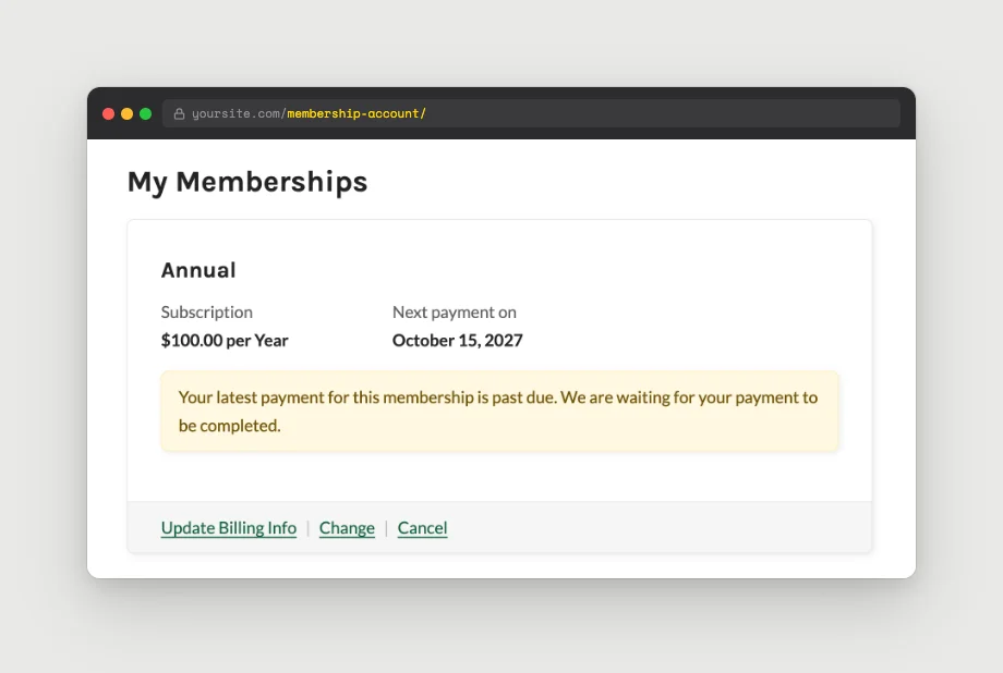 Membership Account page showing an Annual membership card with a notice that the latest payment is past due