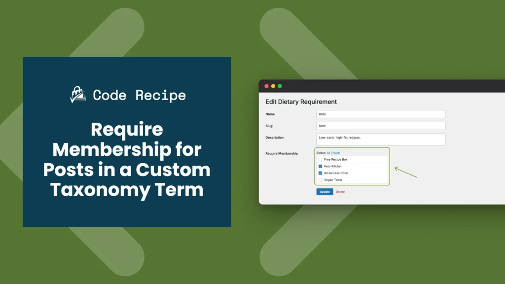 Code recipe featured image for restricting posts by a custom taxonomy term in Paid Memberships Pro