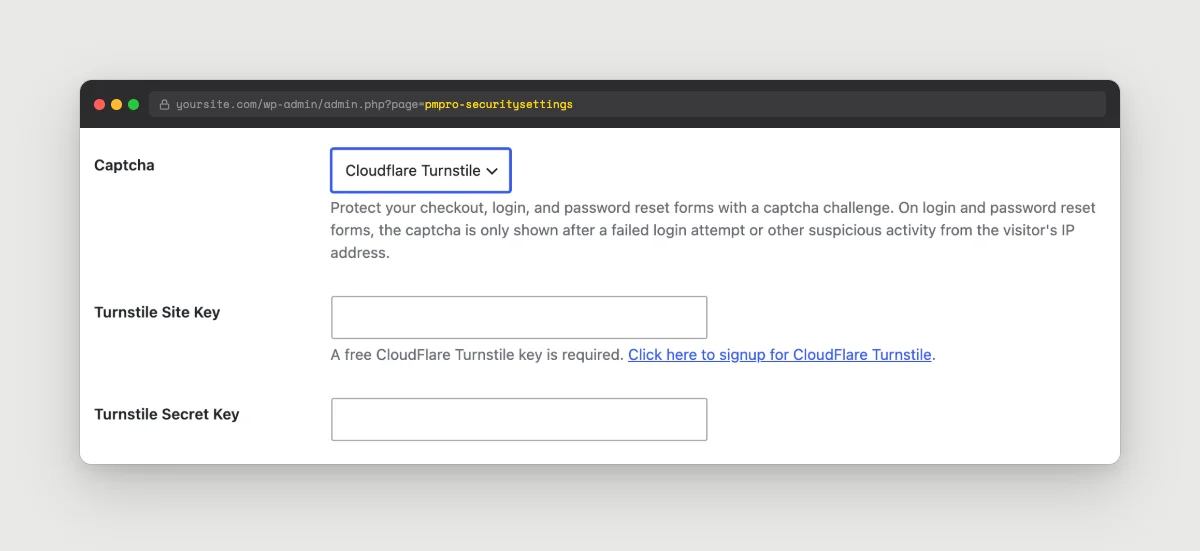 Security Settings with the Captcha dropdown set to Cloudflare Turnstile and the Turnstile key fields below