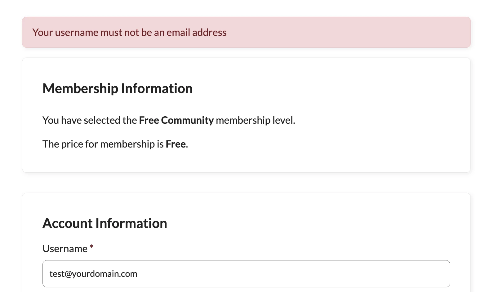 Real PMPro checkout page showing the error message 'Your username must not be an email address' above the Membership Information and Account Information sections