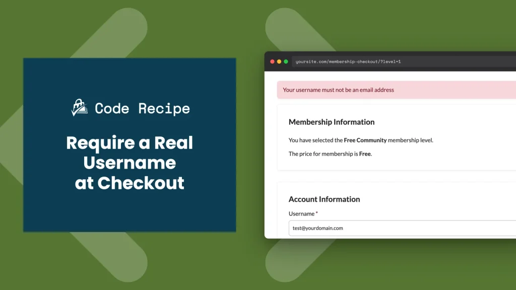 Real PMPro checkout page showing the error message 'Your username must not be an email address' above the Membership Information and Account Information sections