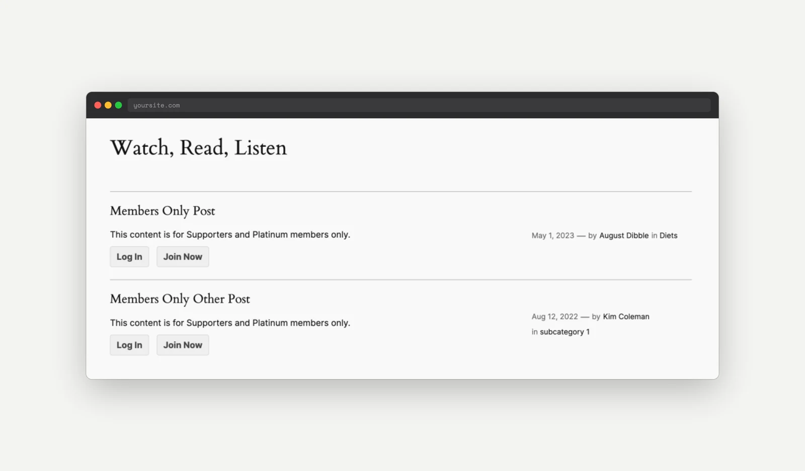 Blog homepage grid showing the default restricted access message on a protected post