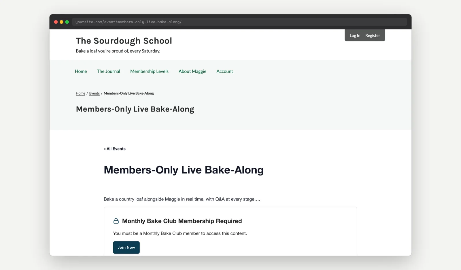 A members-only event viewed by a logged-out visitor, showing the event title and a Monthly Bake Club Membership Required message with a Join Now button