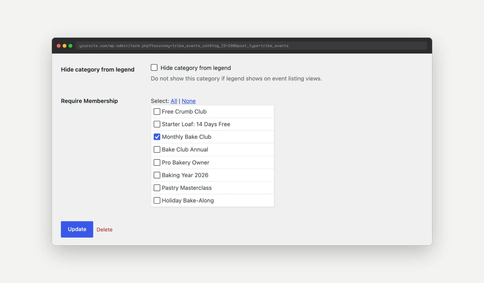 The Edit Event Category screen in The Events Calendar with the Paid Memberships Pro Require Membership checkboxes and the Monthly Bake Club level checked